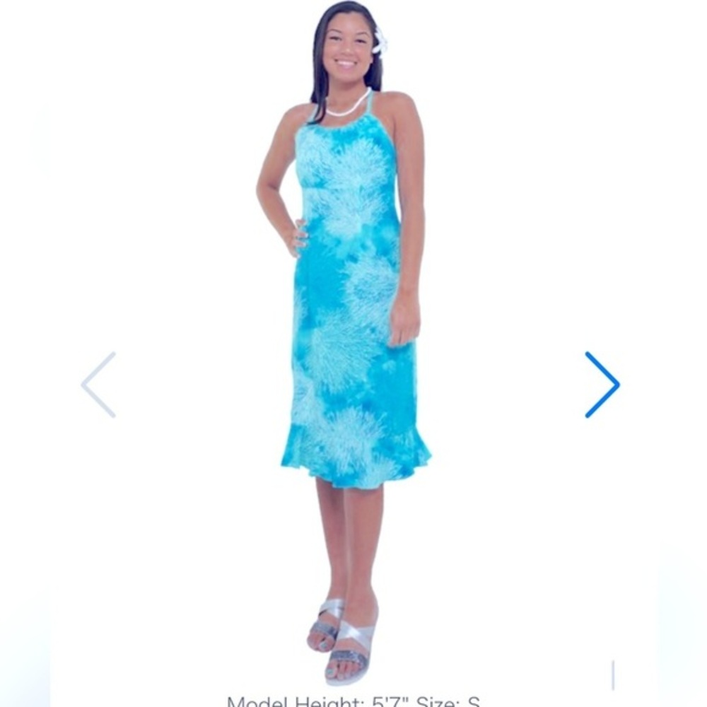 Hilo Hattie Sz medium Hawaiian blue coral Sea Green Spaghetti Strap Midi Dress